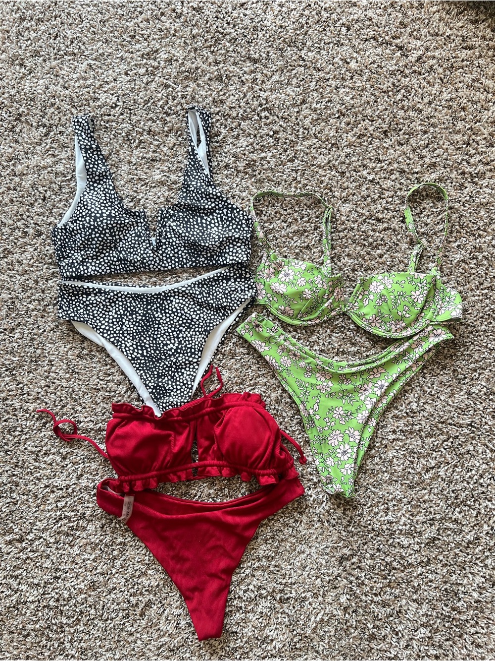 3-Pack Bikini Set - Black Dot, Lime Floral & Red